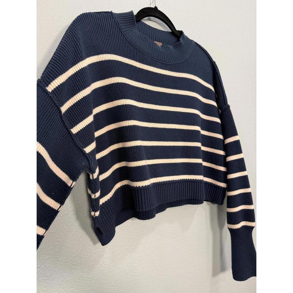 Free People Easy Street Crop Striped Pullover Sweater, Women's XS, Navy Blue - Picture 4 of 7